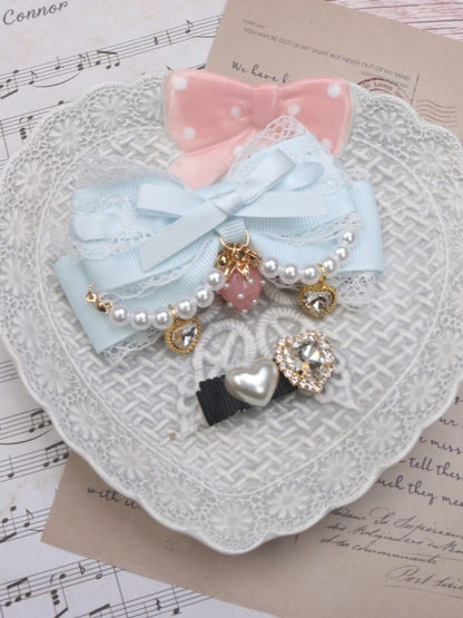 Kei Pearl Color Chian Hairclips Jirai Charm Strawberry Set Options 6 Bowknot