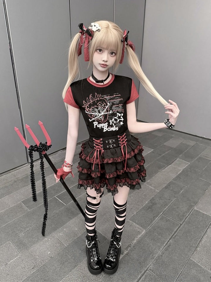 Black & Red Plaid Tiered Skirt with Lace Trim - Puppet Bombs