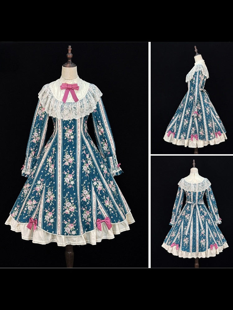Teal Floral Print Vintage Lolita OP Dress with Lace Detailing & Elegant Design - With PUJI