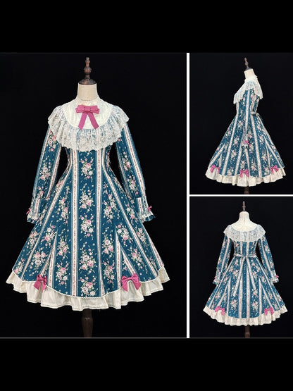 Teal Floral Print Vintage Lolita OP Dress with Lace Detailing & Elegant Design - With PUJI