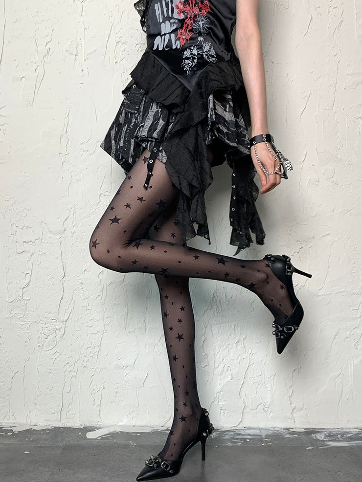 Tights Print Y2K Star Black