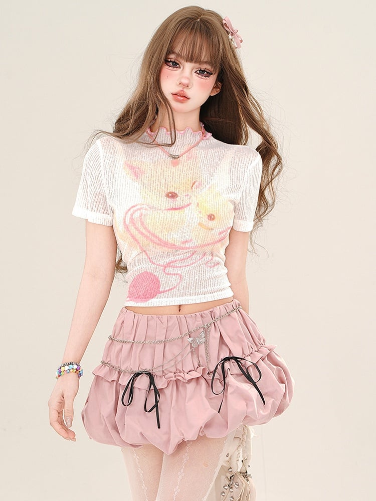 Pink/White Cartoon Kitty Semi-sheer Crop Top