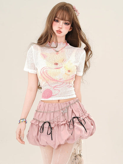 Pink/White Cartoon Kitty Semi-sheer Crop Top