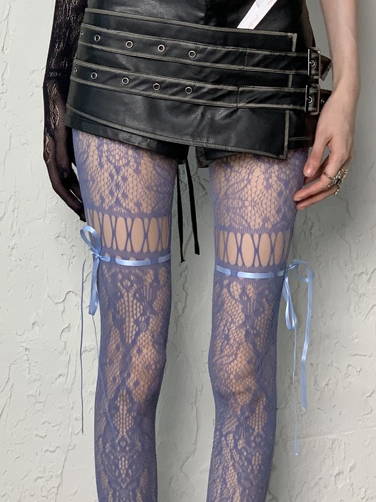 Ausgeschnittene Strumpfhosenträger zum Selbstbinden in Kaffee/Grau/Schwarz/Weiß/Lila/Blau im Y2K-Stil mit Blumenmuster