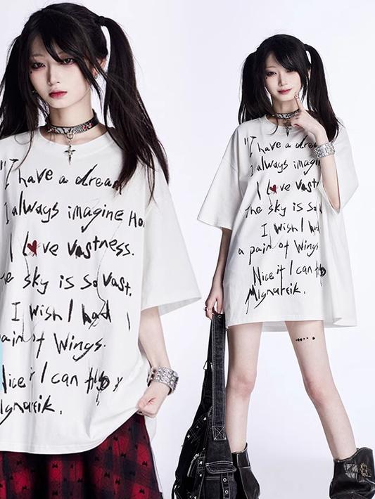 White Graffiti Letter Print Loose T-Shirt