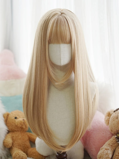 Schwarz/Weiß/Hellblond/Blond/Karamell/Grau Lange, glatte Perücke mit vollem Pony