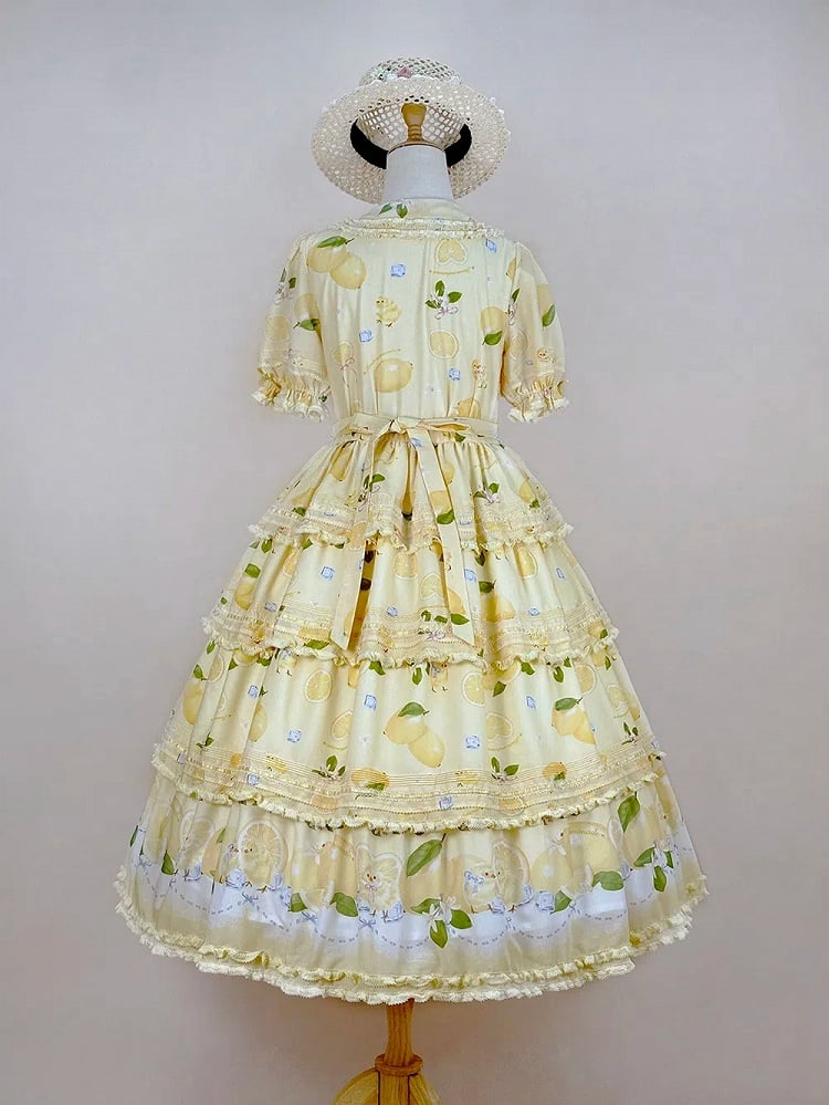 Button Chick Placket Skirt and Lolita Sleeves Short Print Yellow Front Lemon Dress Tiered