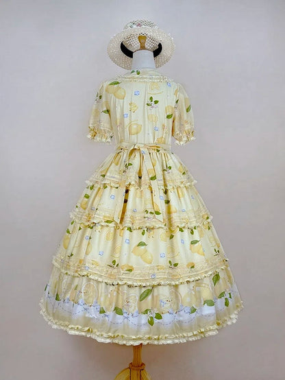 Button Chick Placket Skirt and Lolita Sleeves Short Print Yellow Front Lemon Dress Tiered
