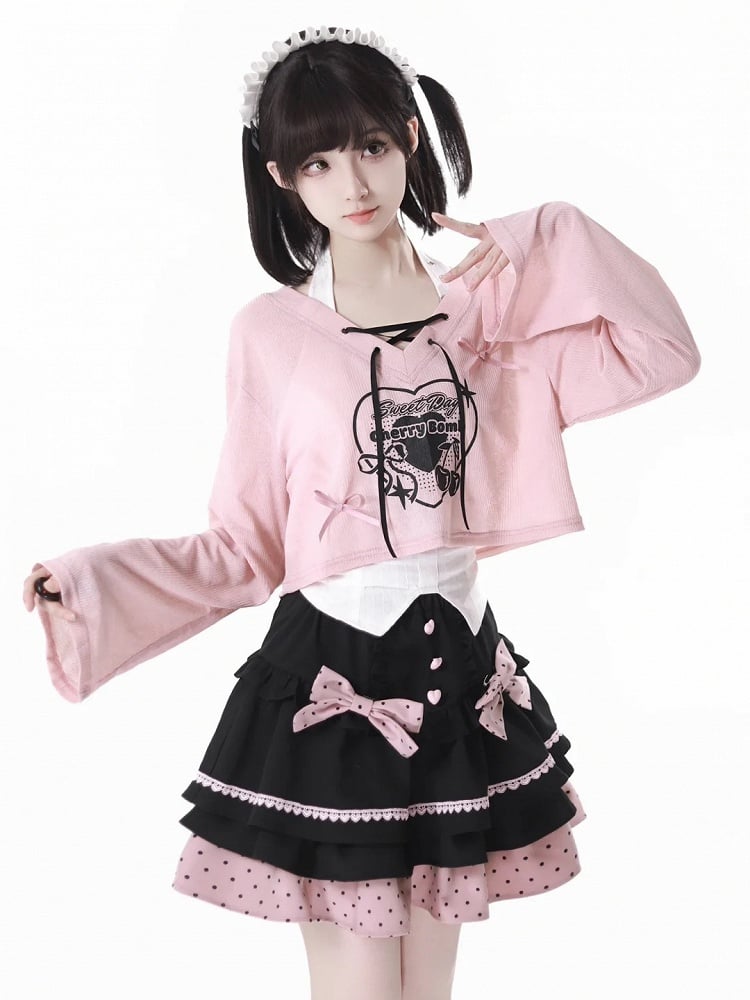 Tiered Skirt with Detachable Bows Black and Pink Polka-dot Pattern