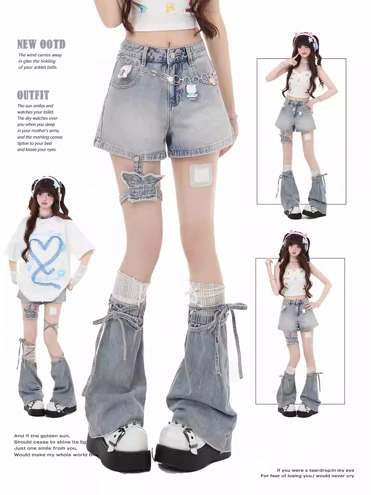 Y2K Butterfly Flared Beinwärmer Hellblaue Jeansshorts mit abnehmbarem Strumpfband