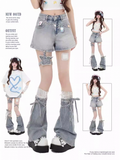 Y2K Butterfly Flared Beinwärmer Hellblaue Jeansshorts mit abnehmbarem Strumpfband