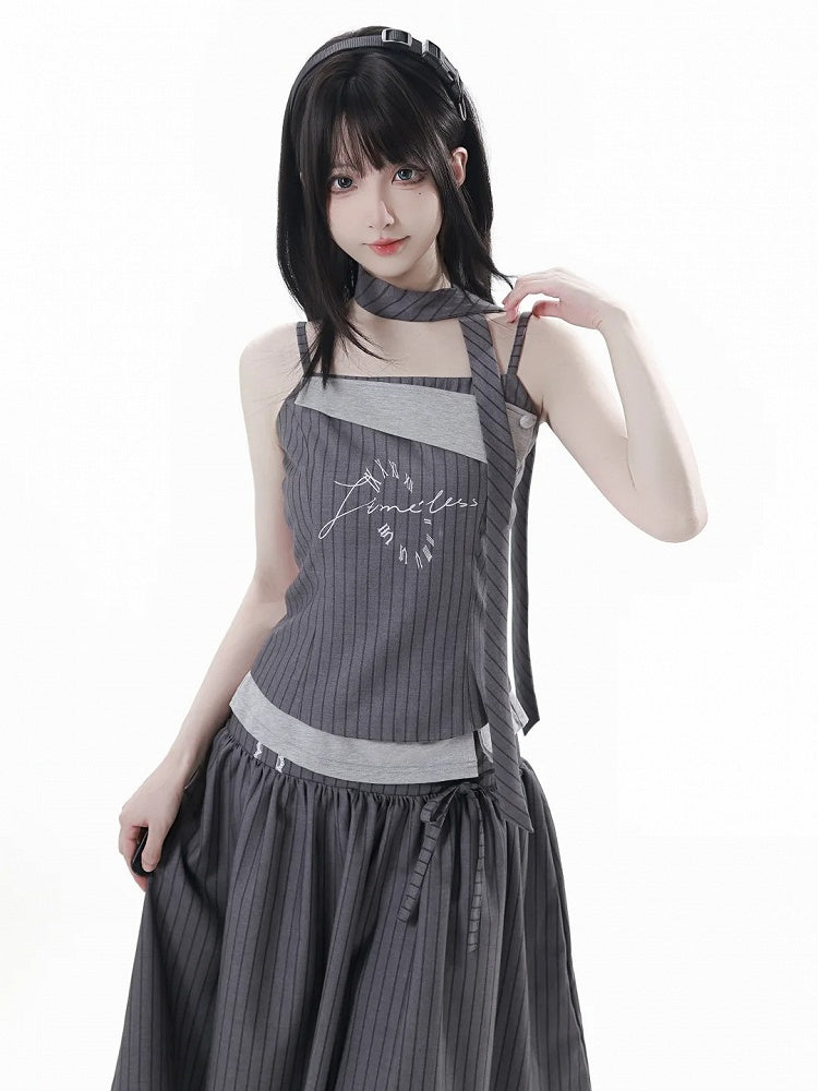 Detachable Dark Preppy Light Gray Faux Scarf with Two-Piece | Stripe Camisole