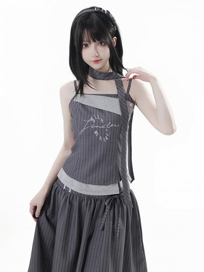 Detachable Dark Preppy Light Gray Faux Scarf with Two-Piece | Stripe Camisole