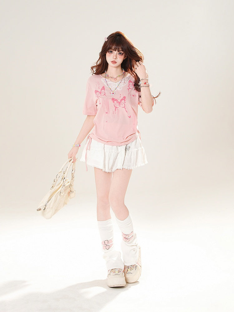 T-shirt Pink Neckline Lace with Drawstring Applique Print Side Butterfly