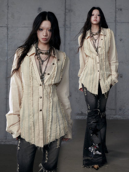 with Punk Distressed Light Blouse V-Neck Pintuck Pleats Khaki Wasteland Hem