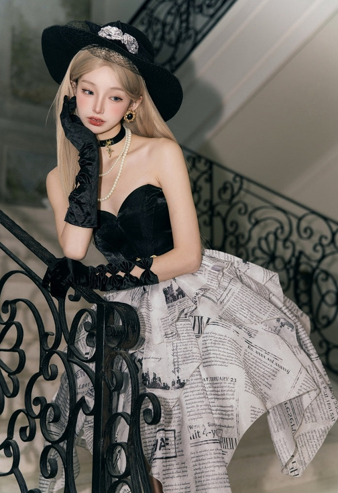 Eleganter Rock, mehrlagiges Pulloverkleid, Lolita-Print, Zeitungstaschentuch