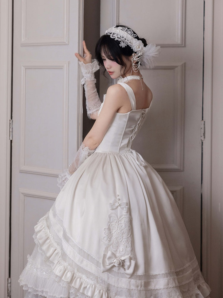 Rosette White Elegant Wedding Hanayome Lolita Jumper Skirt + Underskirt