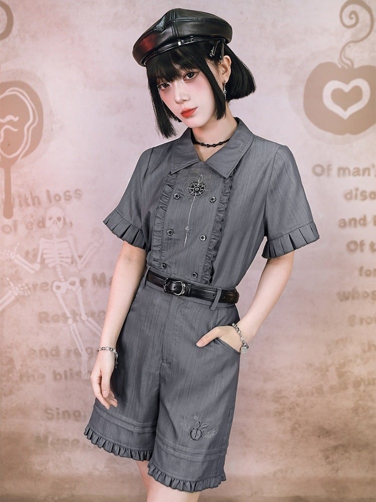 Gray Apple Embroidered Shorts with Ruffle Trim - Quirky Hut