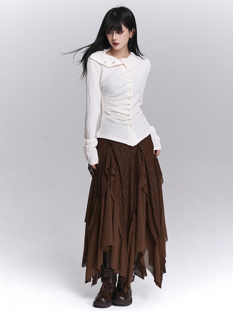 Beige Asymmetrical Design Long Sleeve Textured Shirt