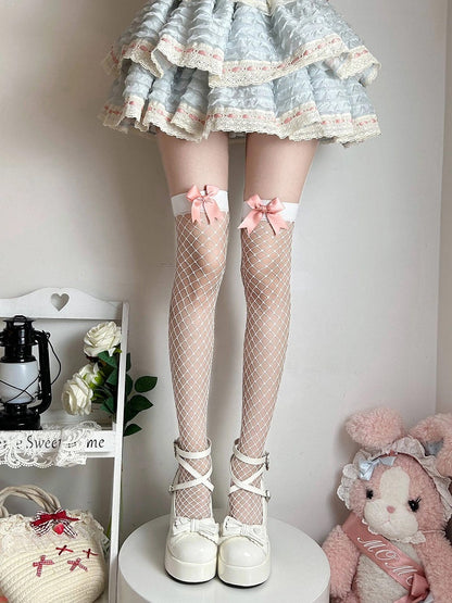 Lolita Style Over-the-Knee Accent Fishnet Bow Stockings