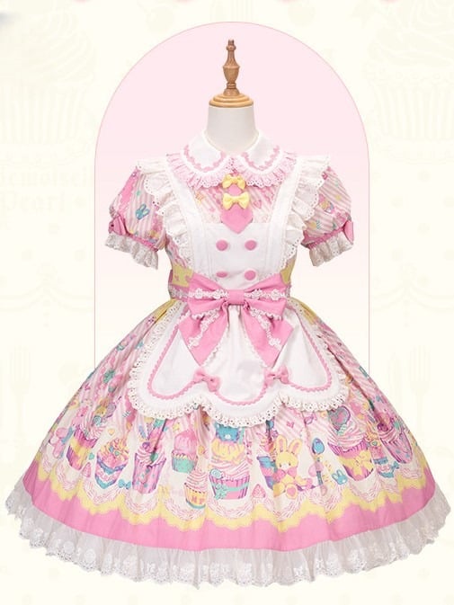 and Dress Print Maid Peter Pan Yellow Lolita Pink Bunny Cupcake Collar