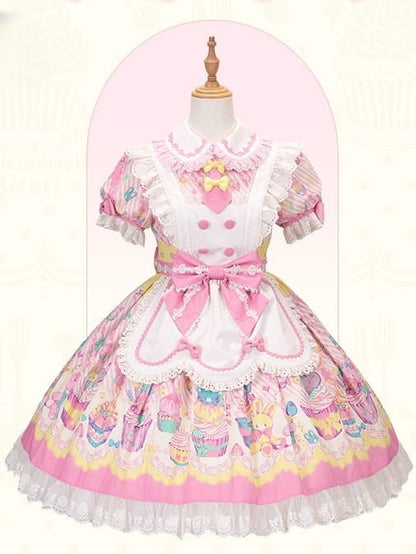 and Dress Print Maid Peter Pan Yellow Lolita Pink Bunny Cupcake Collar