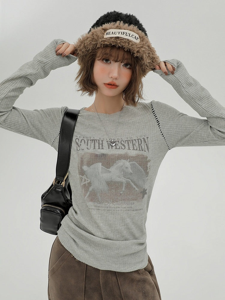 Vintage Retro Printed Long Sleeve Knit Tee in Size S Clearance - Girlyhalo