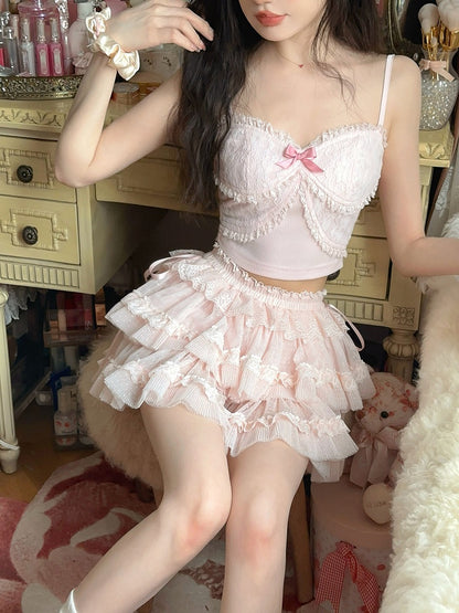 Adjustable Straps Cami Pink Embroidery  Floral Top With Lace