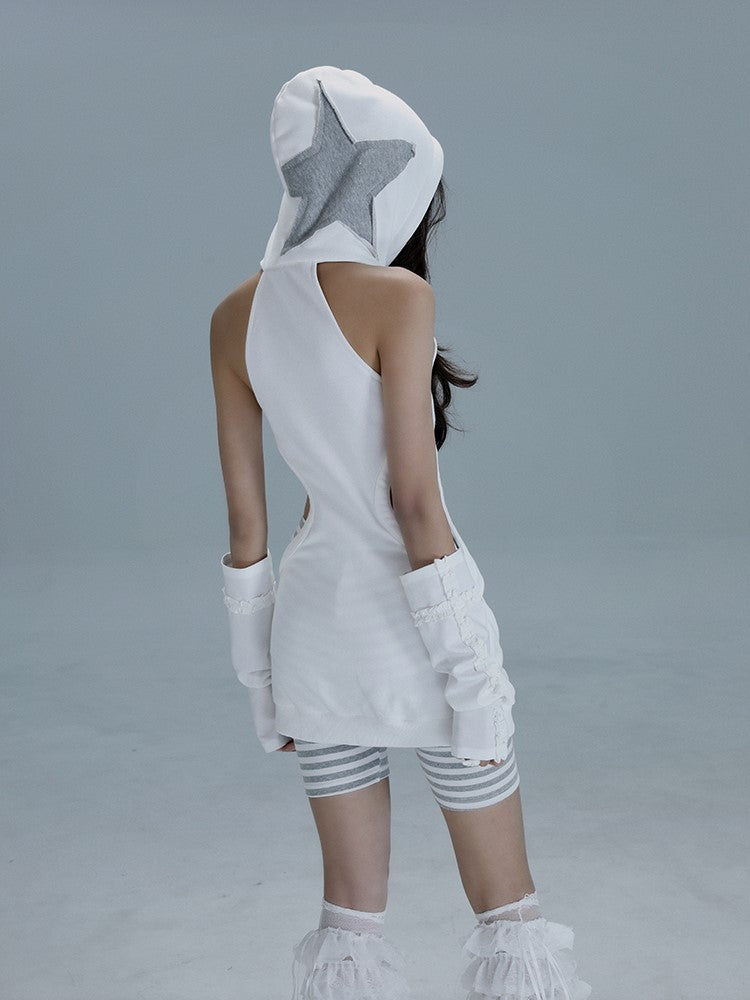 Striped Cutout Graffiti White Casual Hoodie  Punk Dress Shorts Two-Piece Set: