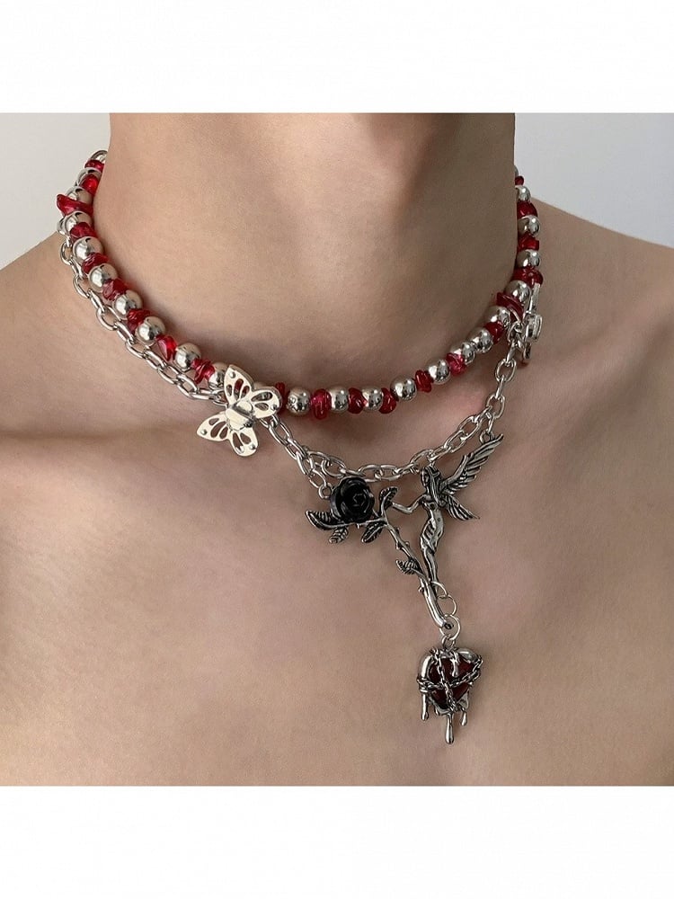 Layered Necklace with Rose and Red Heart Pendant - YSHXS