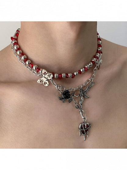 Layered Necklace with Rose and Red Heart Pendant - YSHXS
