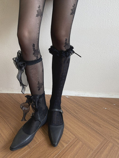 Black Floral Underknee Socks/Bowknot Trims Pattern Tights/Lace Leg Stockings/Tulle Loop