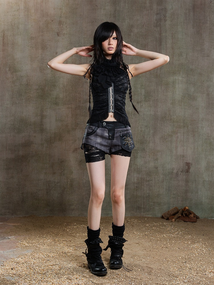 Blue Black Lace Shorts Faux Accents PU Dusty Studded Punk Underlayer Two-Piece with