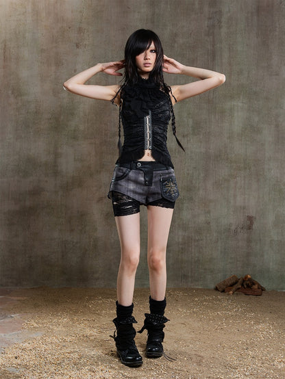 Blue Black Lace Shorts Faux Accents PU Dusty Studded Punk Underlayer Two-Piece with