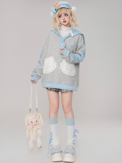 ブルー/ブラックキティ刺繍セーラーカラースウェットシャツ