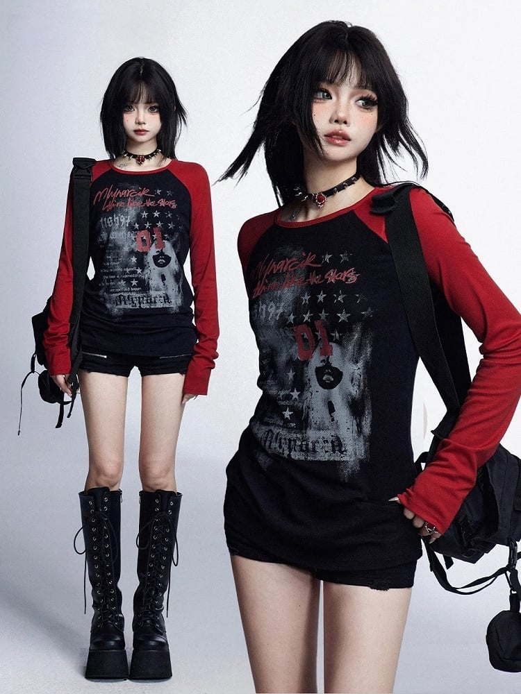 Vintage Glamouröse Grafik Top Hals Rot Schwarz Rund