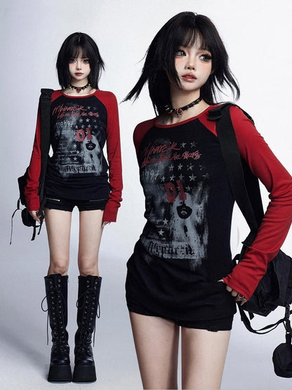 Vintage Glamouröse Grafik Top Hals Rot Schwarz Rund