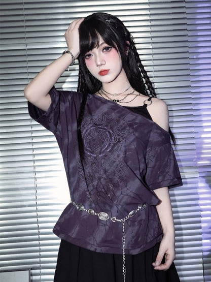 Gothic Purple Faux Two-Piece Off-Shoulder Tee with Sea Lily Print - Quirky Hut