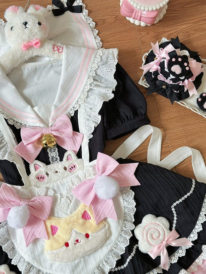 mit Maid Pink Matrosenkragen Schürze Herz Lolita Schwarz und süßem Kleid Kitty