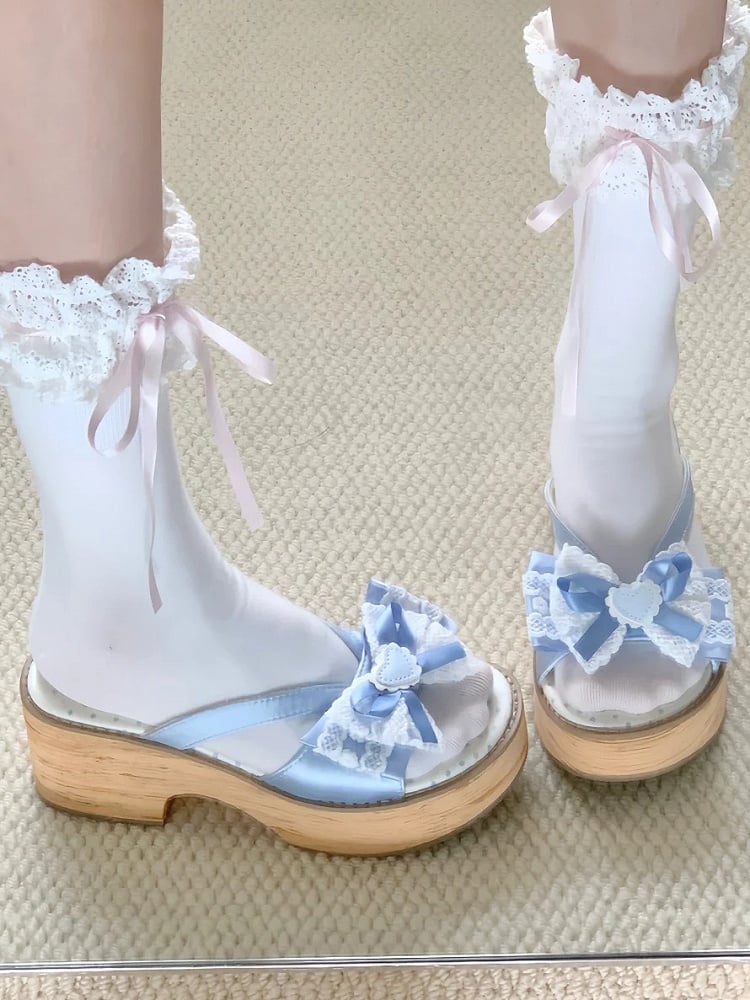 Platform Bow Grain Applique with Sole Decorative Heart Slippers Wood