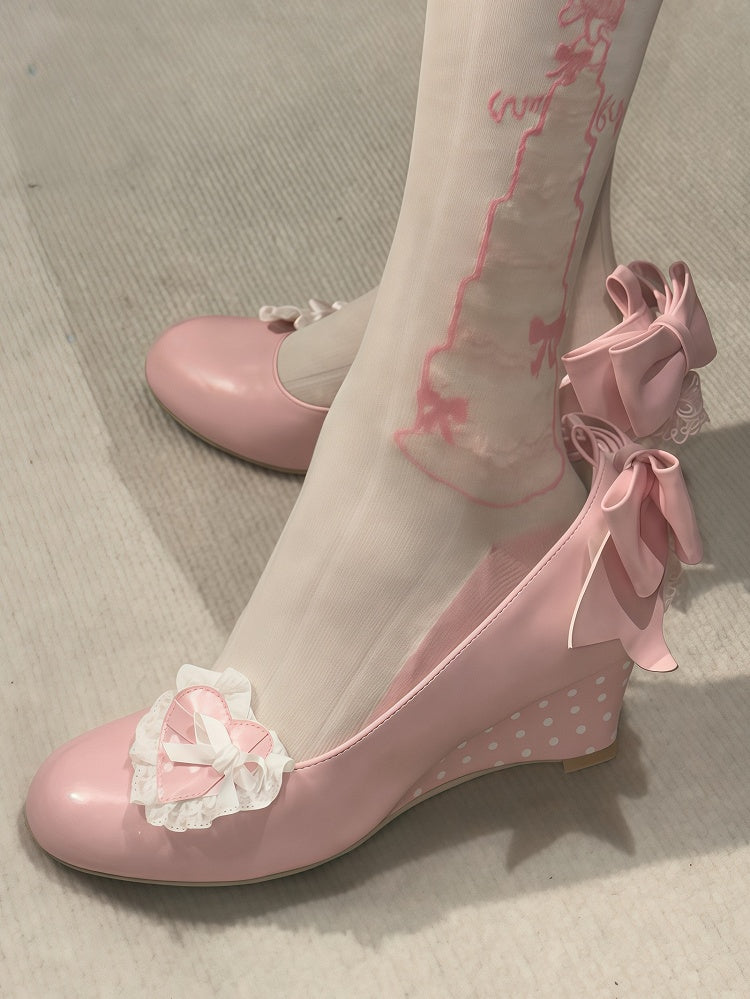 - Janes Heart Wedge Detachable Pink Mary Sweet PU Trimmed Lace Lolita