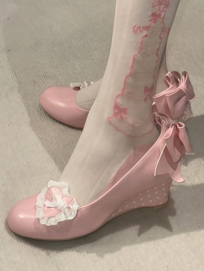 - Janes Heart Wedge Detachable Pink Mary Sweet PU Trimmed Lace Lolita