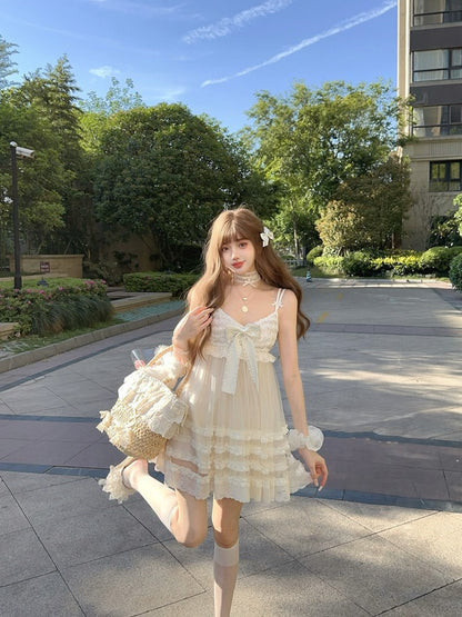Lace With Bowknot Slip White Ruffles Dress Tiered Above Knee