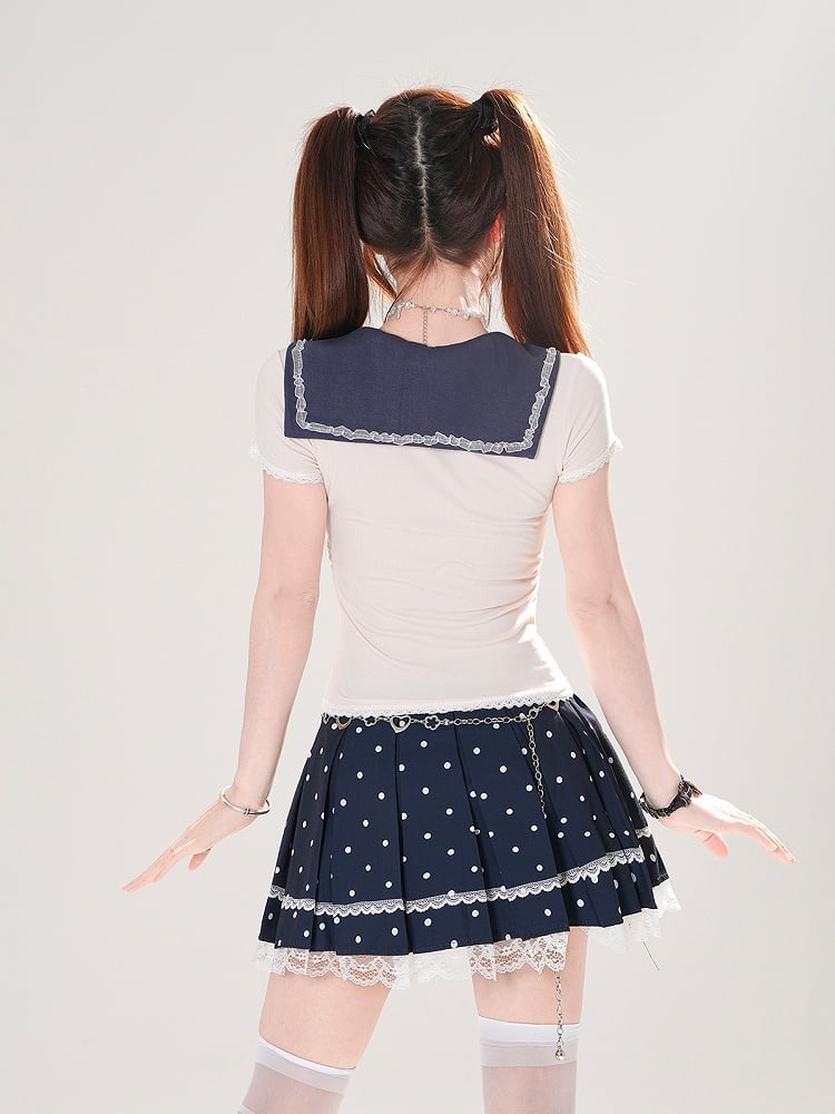+ Tシャツセット プリーツセーラー 水玉模様 取り外し可能なブルースカート ネイビー アプリコット スリムフィットカラー