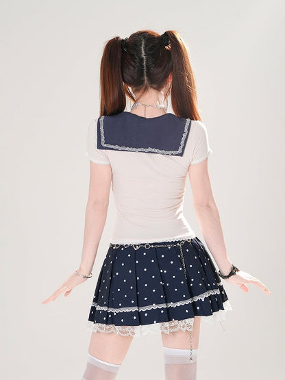 + Tシャツセット プリーツセーラー 水玉模様 取り外し可能なブルースカート ネイビー アプリコット スリムフィットカラー