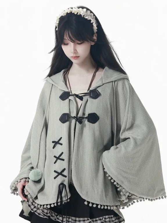 Accents Lace-Up Pom-Pom with and Kei Hooded Design Green Dusty Cape Mori