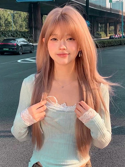 Braun mit Länge, glatt, Air-Perücke, Pony, 70 cm