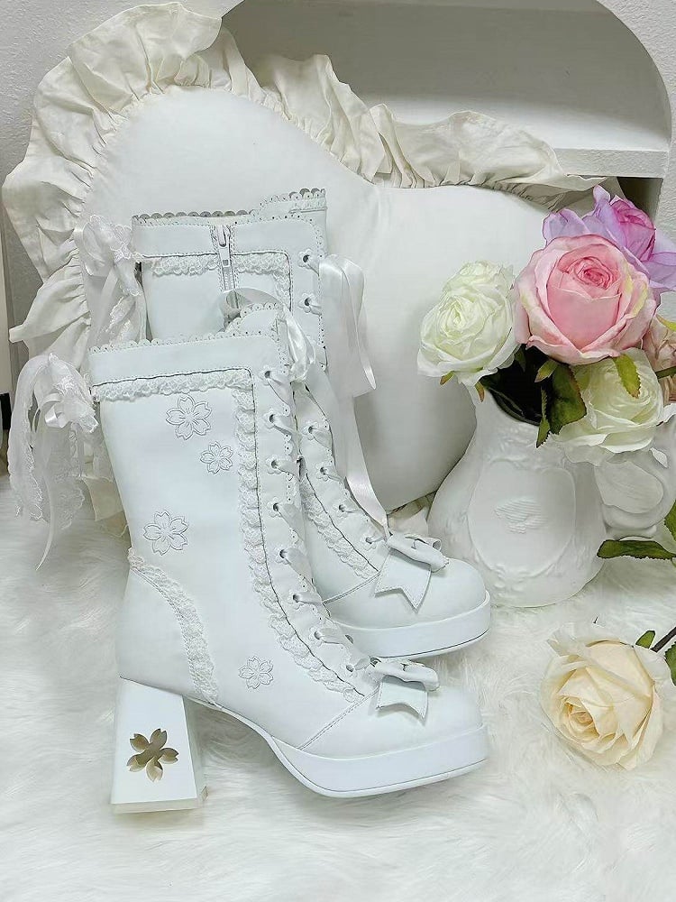 Sweet Heel Accents Sakura White Design Mid-calf Cut-out Lolita with Bow Boots