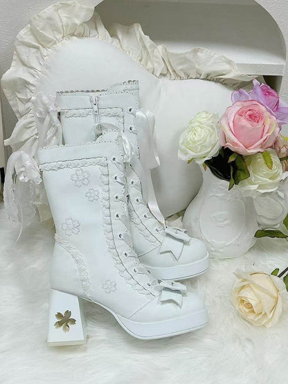 Sweet Heel Accents Sakura White Design Mid-calf Cut-out Lolita with Bow Boots