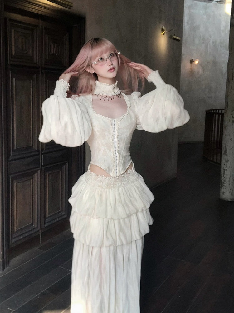 with Bubble Ruffled Apricot Tiered Skirt Ankle-Length Hem